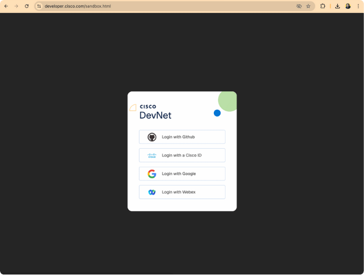 Cisco DevNet Sandbox Login Page