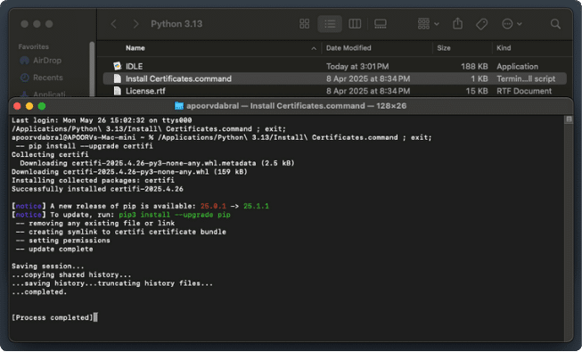 Terminal output for Install Certificates.command