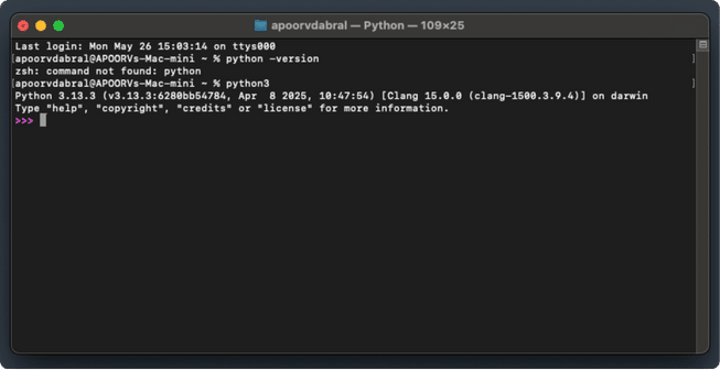 Terminal showing python3 version check
