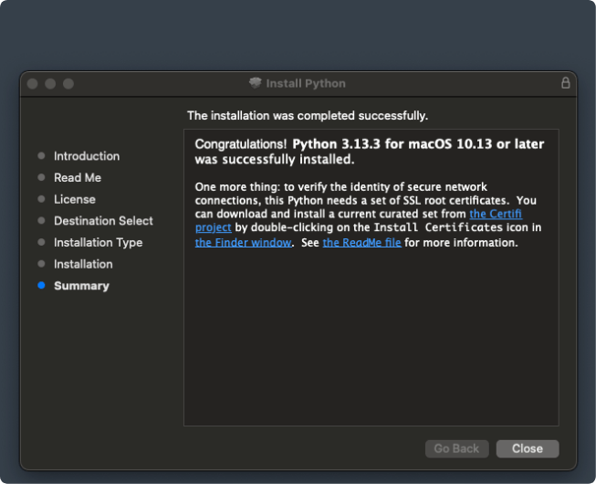 Python Installer - Summary Screen with Certificate Note